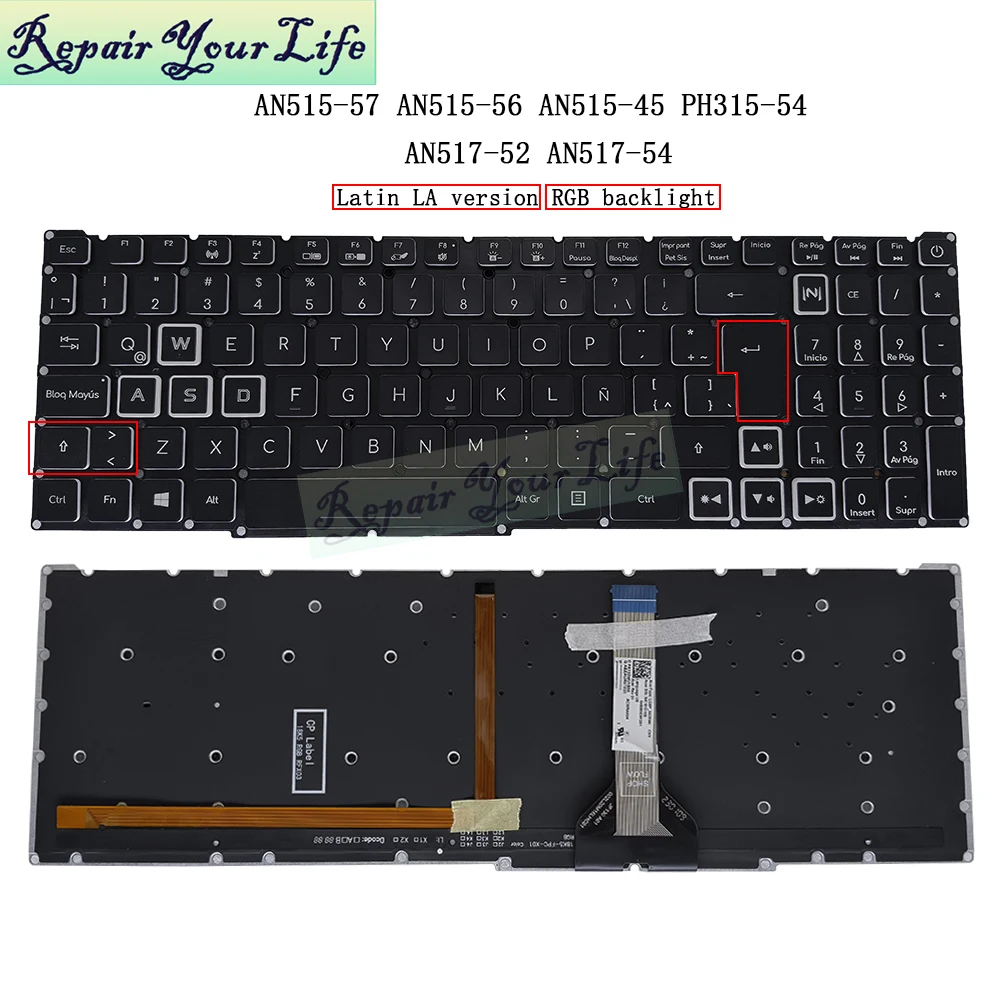 Teclado retroiluminado español latino LA para Acer Nitro 5 AN515-55 AN515-57 59F7 73X5 AN515-56 AN515-45 portátil para juegos RGB LG5P-A52BWL - imagen 2