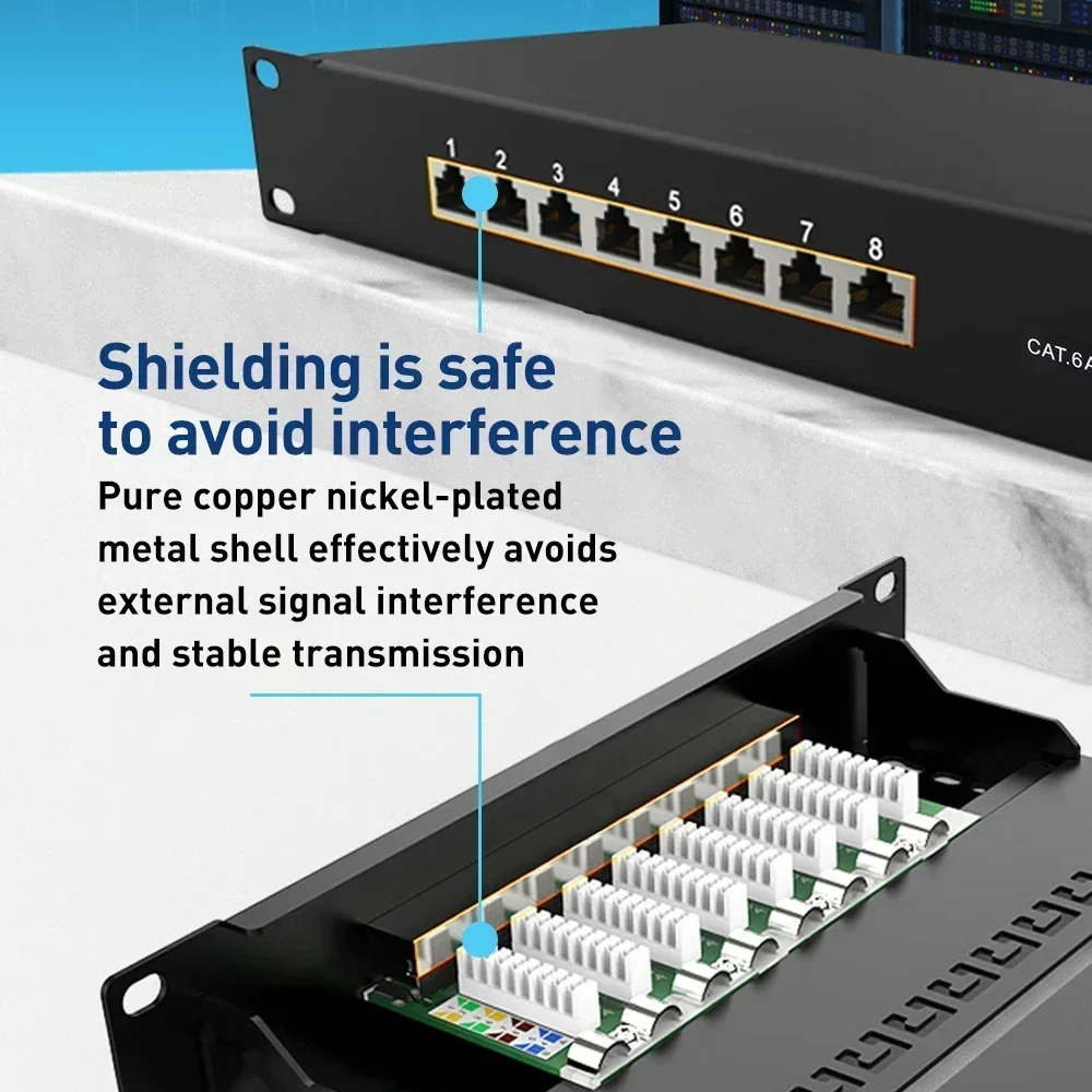 Painel de conexión Natalink CAT6a de 8 puertos Panel de red metálico blindado de 10 Gbps Soporte en rack/pared 1U Compatible con cables CAT5e/6/6a/7 - imagen 3
