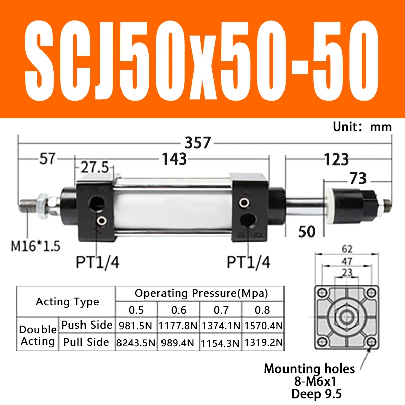 Cilindro neumático estándar de 50mm, cilindro de aire de doble acción, carrera ajustable, 0-50mm, gran empuje, SCJ50x50-50 - imagen 2