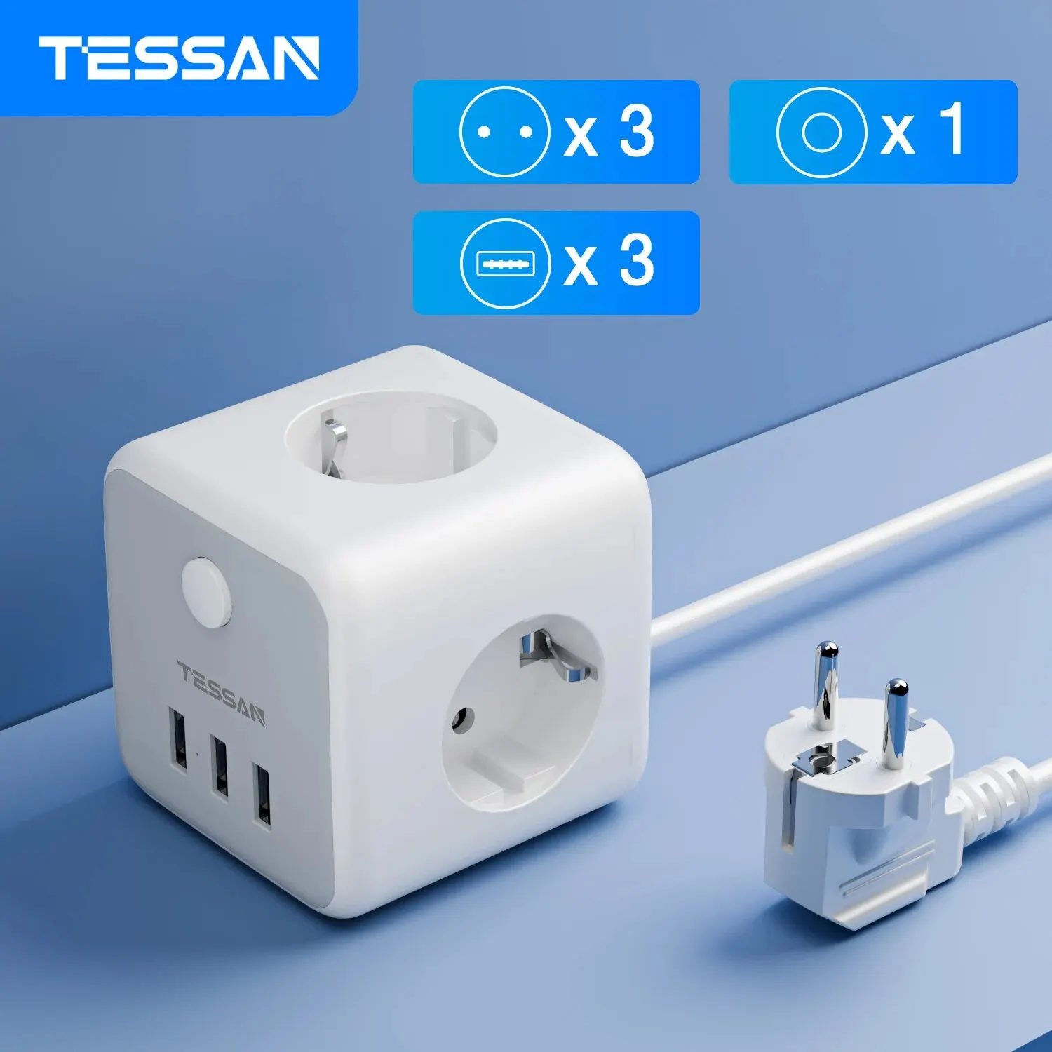 TESSAN-regleta de alimentación USB Cube con 3 salidas de CA, 3 puertos USB, Cable de extensión de 1,5 M, adaptador de corriente multienchufe con interruptor para el hogar - imagen 2