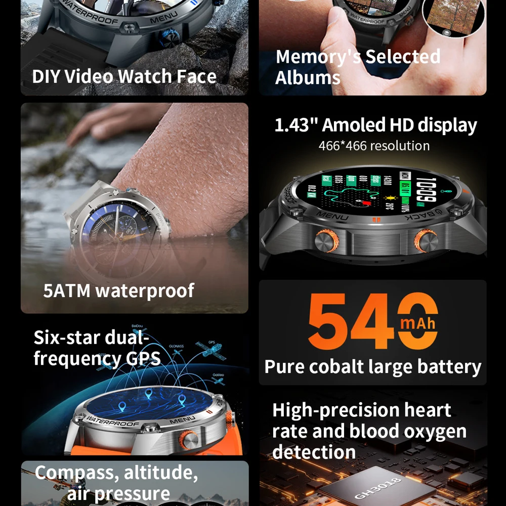 Reloj inteligente GPS para exteriores, pantalla AMOLED, brújula, altímetro barométrico, álbum, llamada BT, relojes inteligentes, marcación de vídeo, recordatorio de información - imagen 3