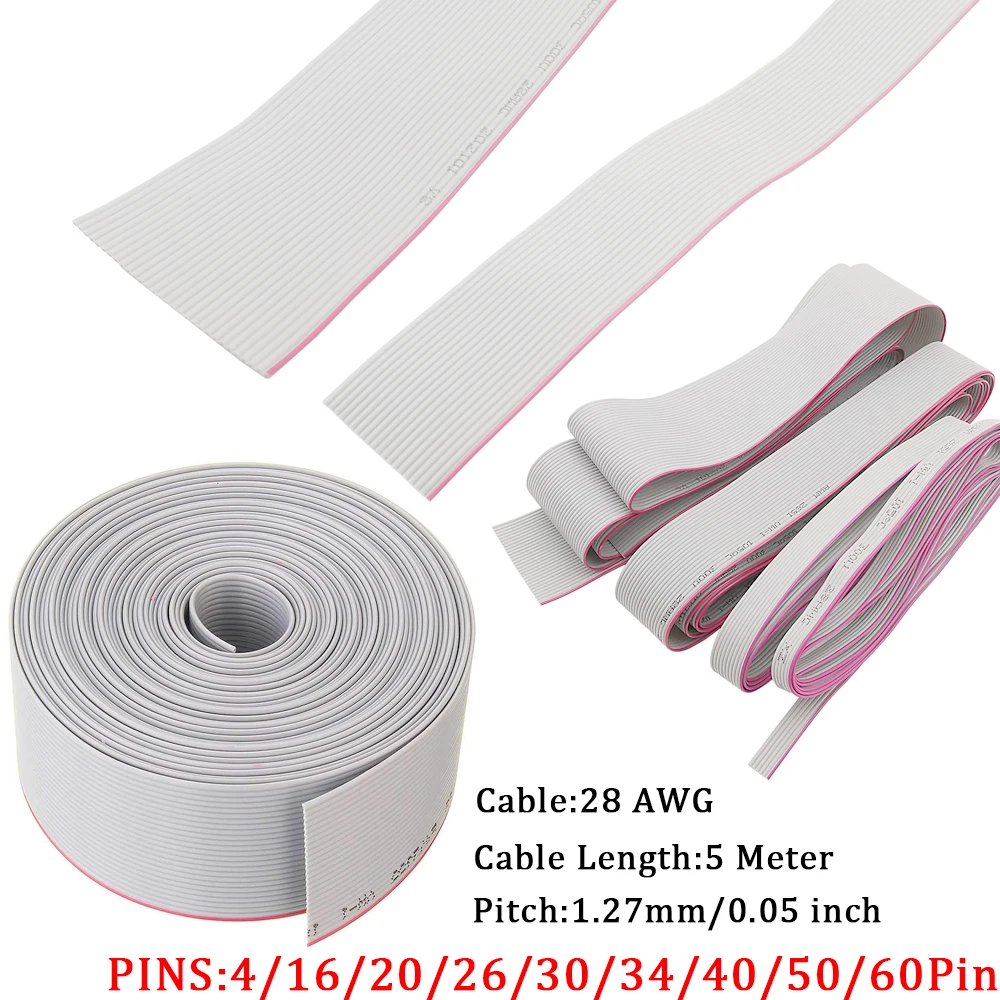 Conector de Cable de cinta plana gris, 5M, 1,27mm, 14/16/20/26/30/34/40/50/60 Pines, 28AWG, Cable Flexible para conectores IDC FC de 2,54 MM
