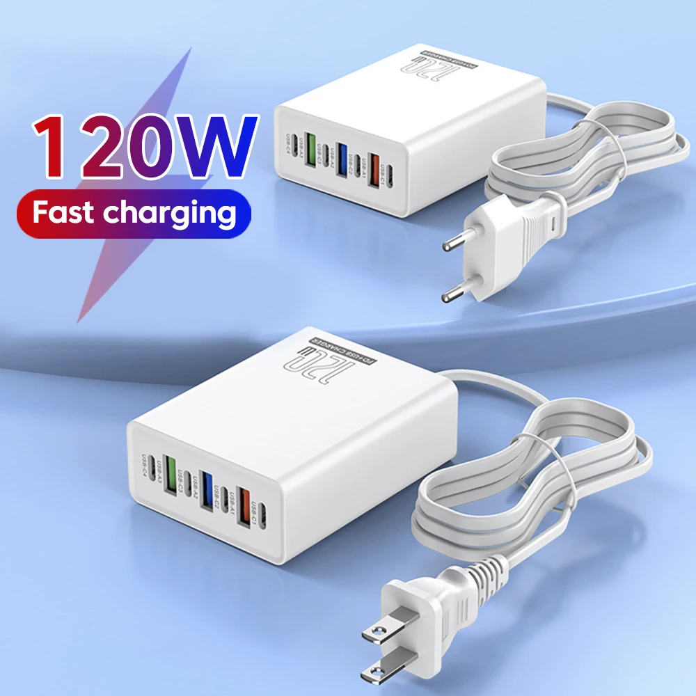 Total 120W cargador USB PD de 7 puertos 3USB-A + 4USB-C múltiples puertos adaptador móvil de carga rápida para iPhone Huawei Ipad Samsung
