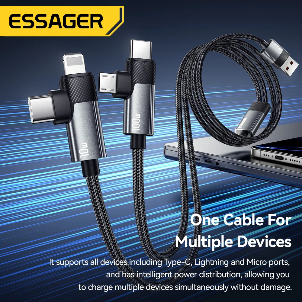 Essager Cable 2 en 1 de ángulo recto USB A a tipo C Lightning Micro 100W 7A Carga súper rápida para iPhone 16 15 iPad Samsung OPPO - imagen 5