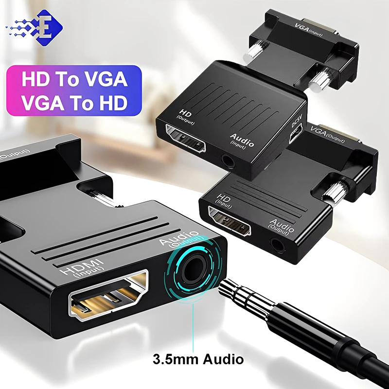 Adaptador convertidor HDMI compatible con VGA, adaptador VGA 1080P, conector de Audio de 3,5 MM para PC, escritorio, portátil a proyector HDTV, Audio y vídeo