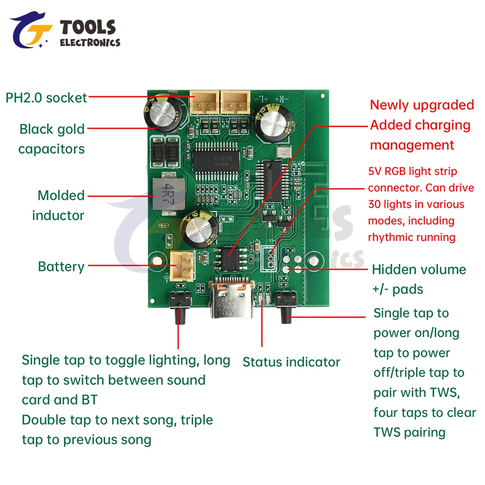 Placa amplificadora Bluetooth estéreo DC5V/3,7 V TWS 2*10W placa amplificadora de potencia de Audio estéreo de doble canal - imagen 3