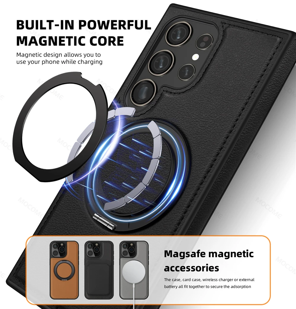 Funda de teléfono de cuero completo de lujo para Magsafe Samsung S24 Ultra S23 S22 Ultra Plus, soporte de Metal giratorio magnético, cubierta trasera con soporte - imagen 3