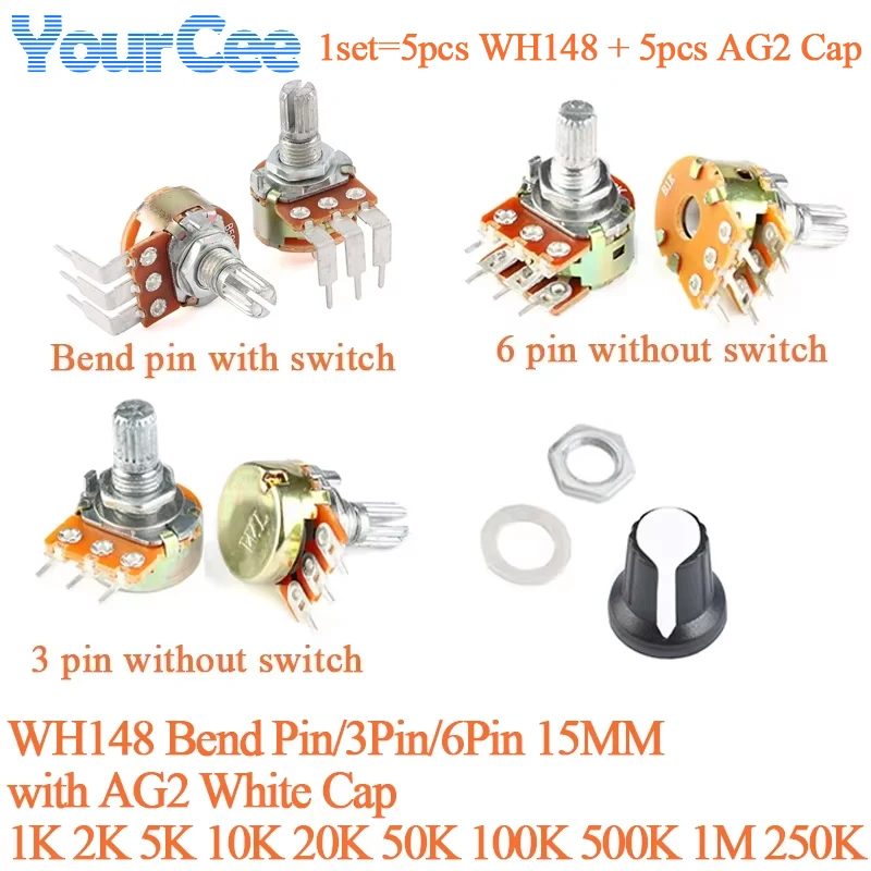1 Juego WH148 1K 10K 20K 50K 100K 500K Ohm con tapa blanca AG2 15mm 3/6/3 pines doblados resistencia de potenciómetro giratorio cónico lineal - imagen 2