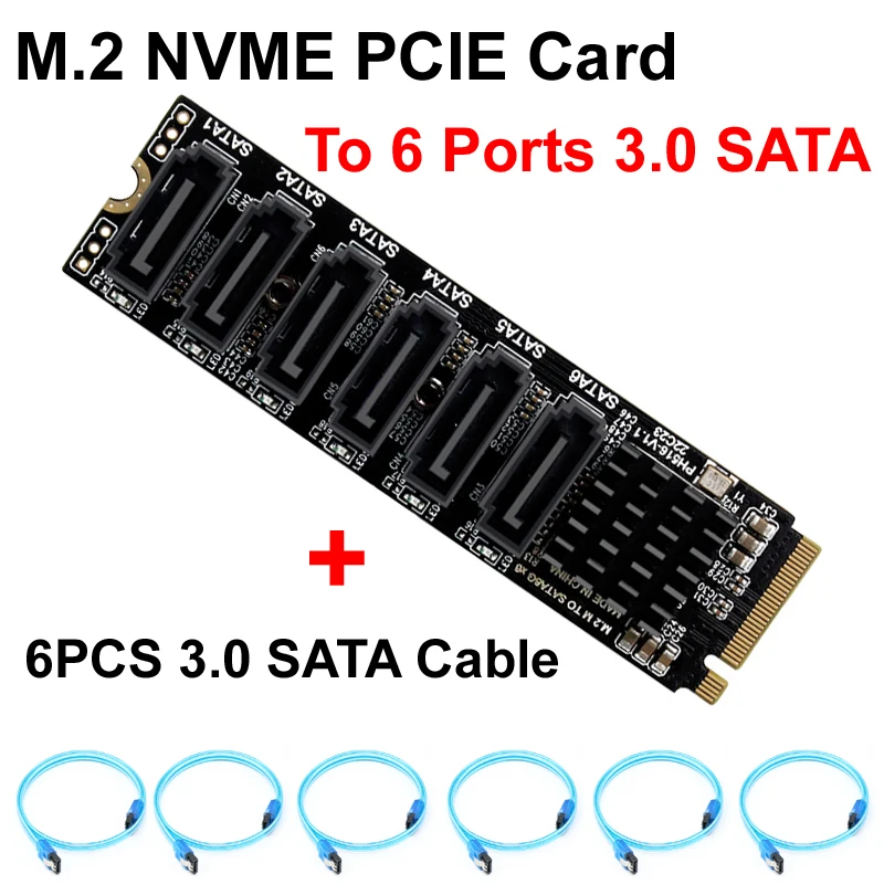 M.2 NVME PCI-E PCIE X4 X8 X16 a 6 puertos 3,0 SATA tarjeta adaptadora Riser III 6 GB/S chasis servidor expansión de PC + 6 uds 3,0 CABLE SATA