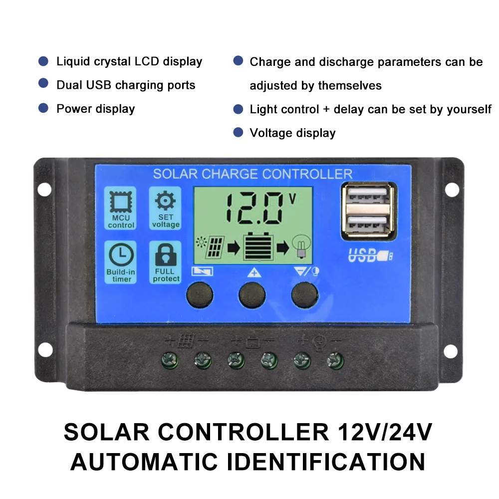 Controlador de carga Solar 10A 20A 30A 40A 50A 60A, regulador Solar de 12V 24V, cargador de batería PWM, pantalla LCD, puerto USB Dual, salida de 5V - imagen 3