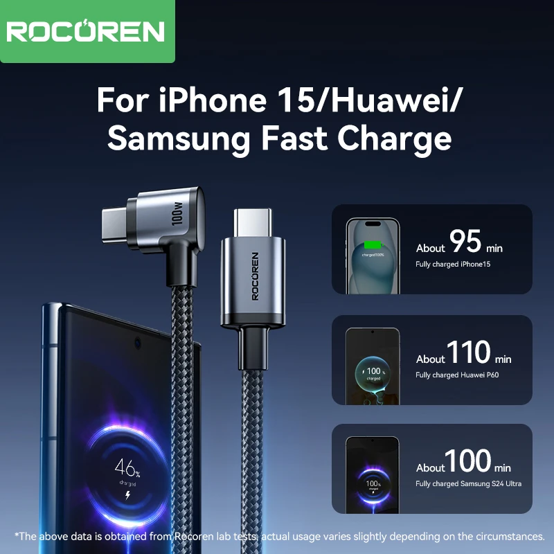 Rocoren Cable USB tipo C de 90 grados codo tipo C USBC PD100W Cable de carga rápida para iPhone 15 Pro Samsung Xiaomi Cable de datos - imagen 4