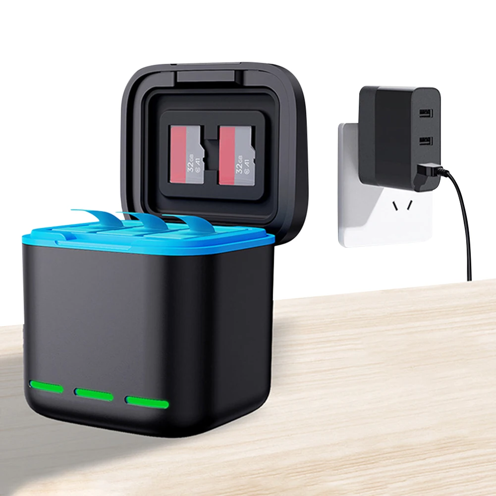 Cargador de batería de 3 canales, estación de carga rápida con Cable tipo C, 2 ranuras SD para Go Pro Hero 12/11/10/9