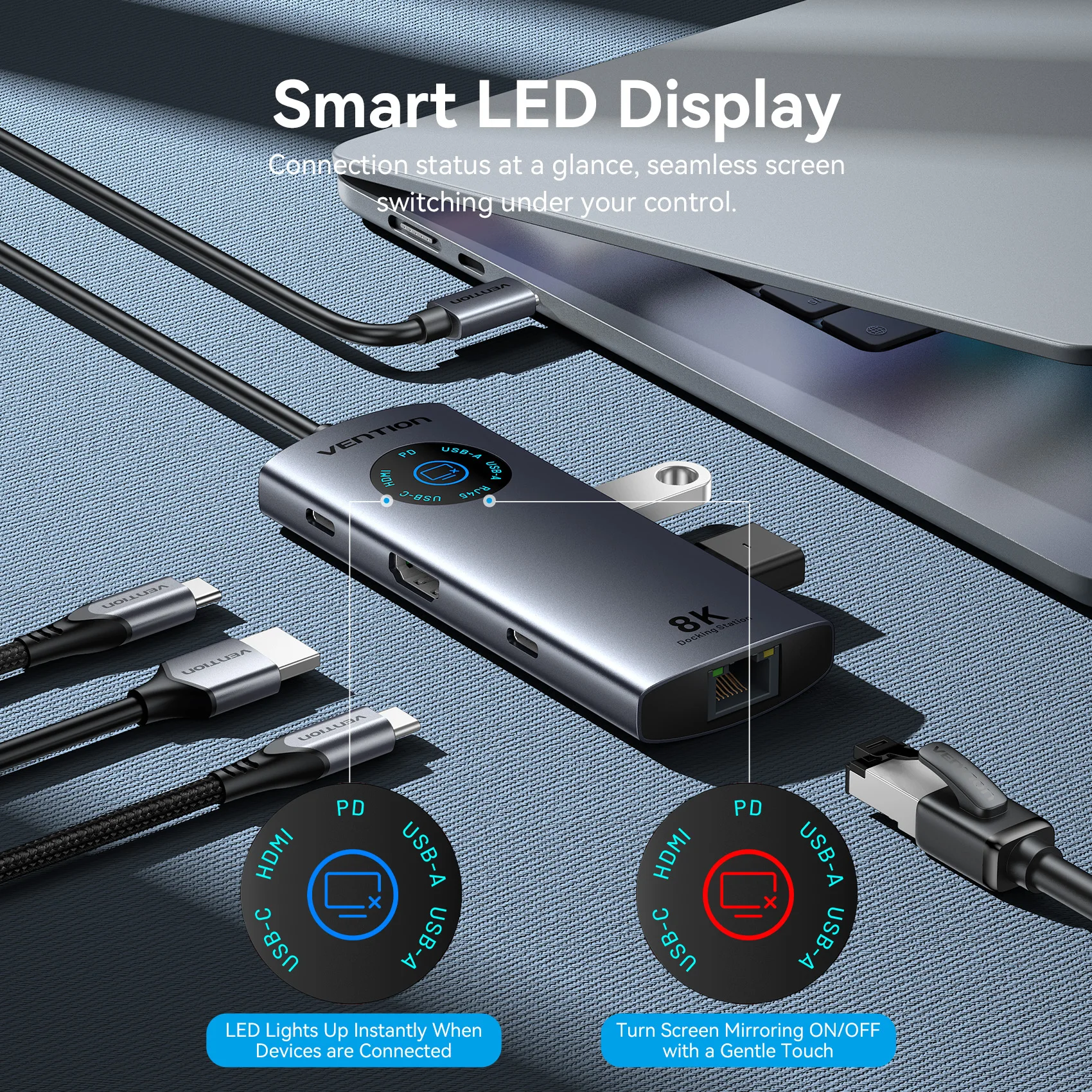 Vention 6 en 1 USB C 8K @ 30Hz HDMI HUB Smart Led Touch USB 3,0 adaptador Ethernet estación de acoplamiento para MacBook Lenovo HP iPad portátil - imagen 4