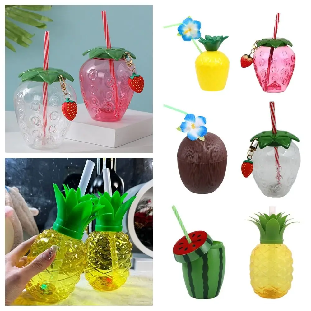 Taza de paja de fruta de dibujos animados, botella de agua fría de plástico de grado alimenticio, sandía, limón, coco, fresa, piña - imagen 5
