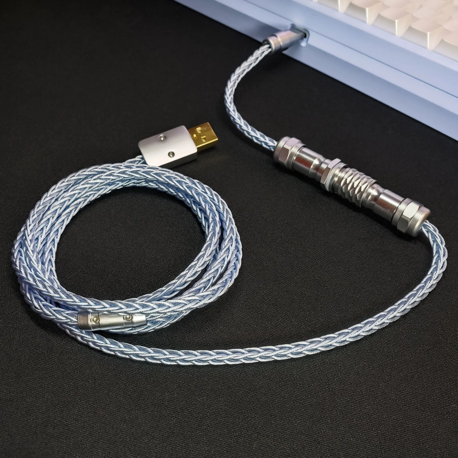Nuevo Cable de carga de datos Chapado en plata y cobre de un solo cristal USB tipo C de Metal personalizado para teclado mecánico Cable de enchufe de aviación