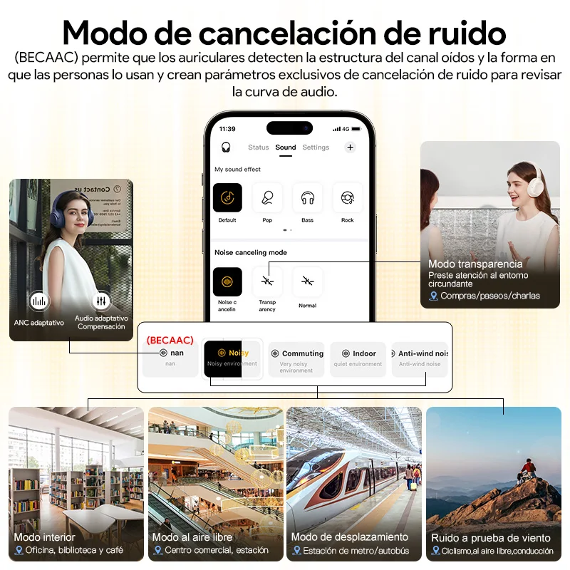 QCY-auriculares inalámbricos H3 ANC, cascos por encima de la oreja con Bluetooth 5,4, Audio de alta resolución, 43dB, híbridos, cancelación activa de ruido, 60H - imagen 4