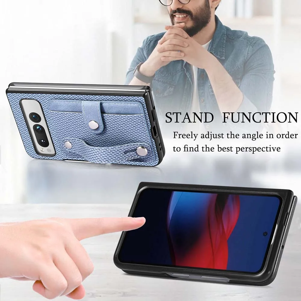 Funda plegable para Google Pixel a prueba de golpes, protector de lente, pulsera, ranura para tarjeta, soporte, carcasa de cuero PU, funda con textura de carbono - imagen 3