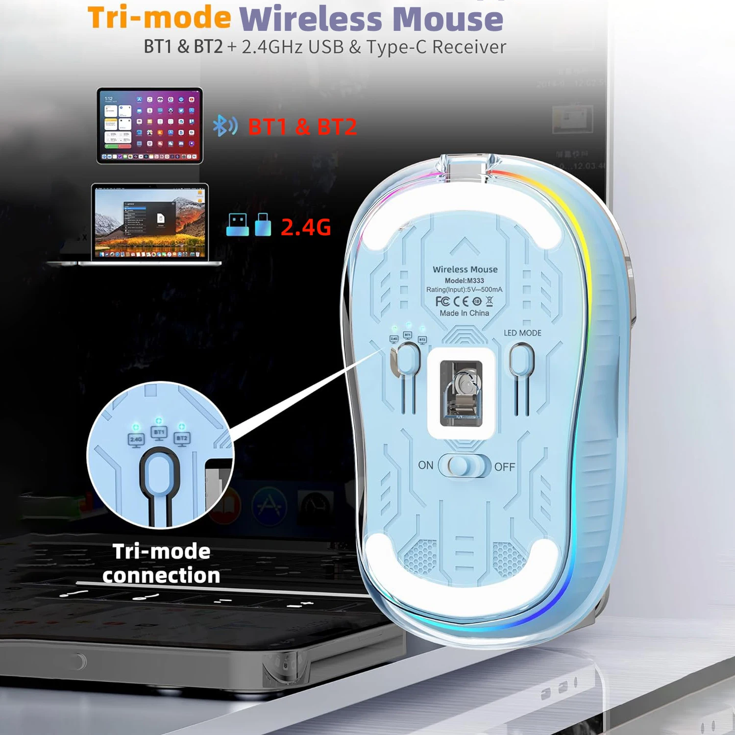 Nuevo HXSJ M333 ratón transparente inalámbrico de tres modos de succión magnética ratón recargable silencioso para tableta PC Notebook - imagen 5