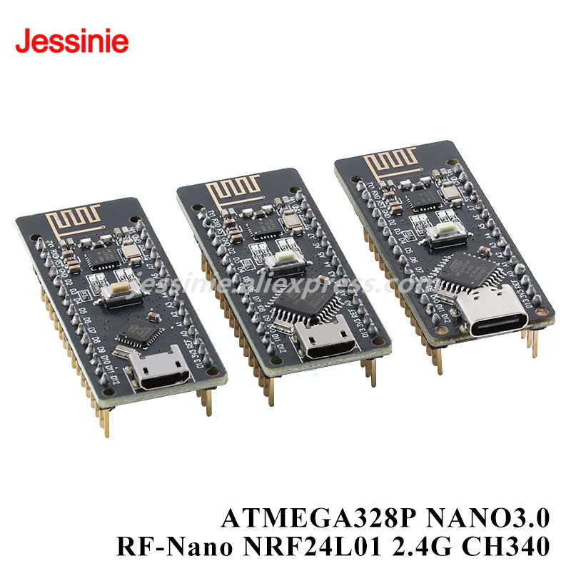 Placa de desarrollo RF-Nano ATMEGA328P Nano 3,0 NRF24L01 inalámbrica 2,4G CH340 módulo de puerto serie Micro tipo C para Arduino 2 uds/1 ud.