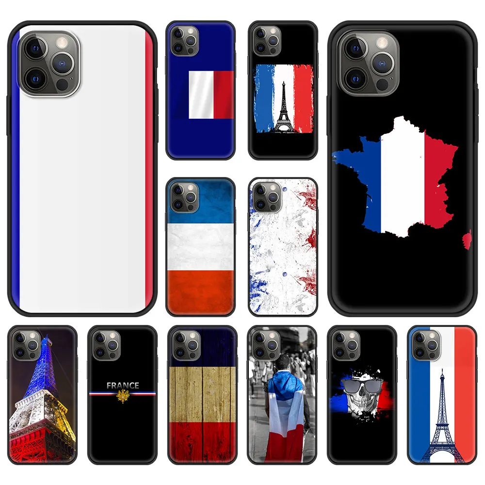Funda de teléfono de lujo con emblema de la bandera de Francia para iPhone 13, 15, 14, 12, 11 Pro MAX, XR, X, SE, XS, 7, 8 Plus, silicona suave, negro mate