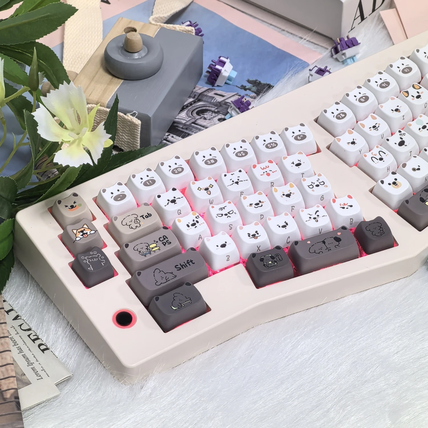 Teclas del equipo de cachorros lindos, perfil MAO, diseño único de cabeza de perro, letras grabadas laterales, juego de teclas PBT para teclado mecánico DIY