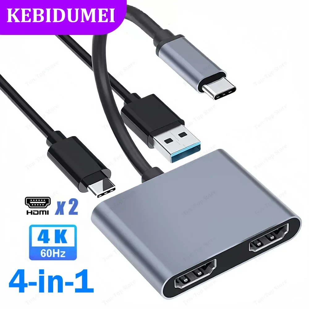 Estación de acoplamiento USB C 4 en 1, adaptador Dual HDMI 4K @ 60Hz, concentrador USB 3,0 tipo C a HDMI, adaptador divisor USB C OTG para ordenador portátil y Macbook