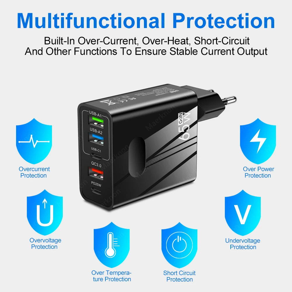 Cargador USB GaN de 65W y 5 puertos PD tipo C, cargador de pared de carga rápida para iPhone, Xiaomi, Samsung, cargador de teléfono multipuerto de carga rápida - imagen 3