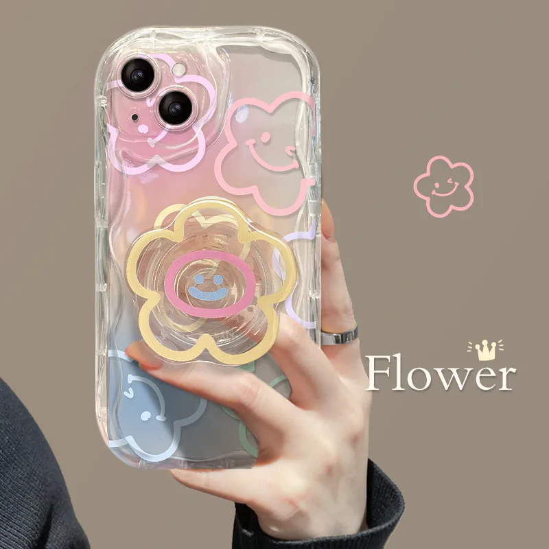 Funda de teléfono con soporte de flores y sonrisa de Color para iPhone 16 Pro Max 16E 15 Plus 11 12 13 14 SE 2022, funda transparente suave con soporte - imagen 4