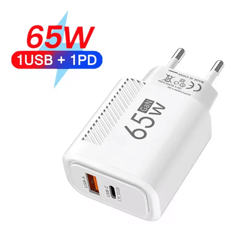 Cargador USB PD, cargador GaN de 65W tipo C, adaptador de carga rápida, adaptador de pared con enchufe UE/EE. UU. para iPhone 16, Samsung, Xiaomi y Huawei