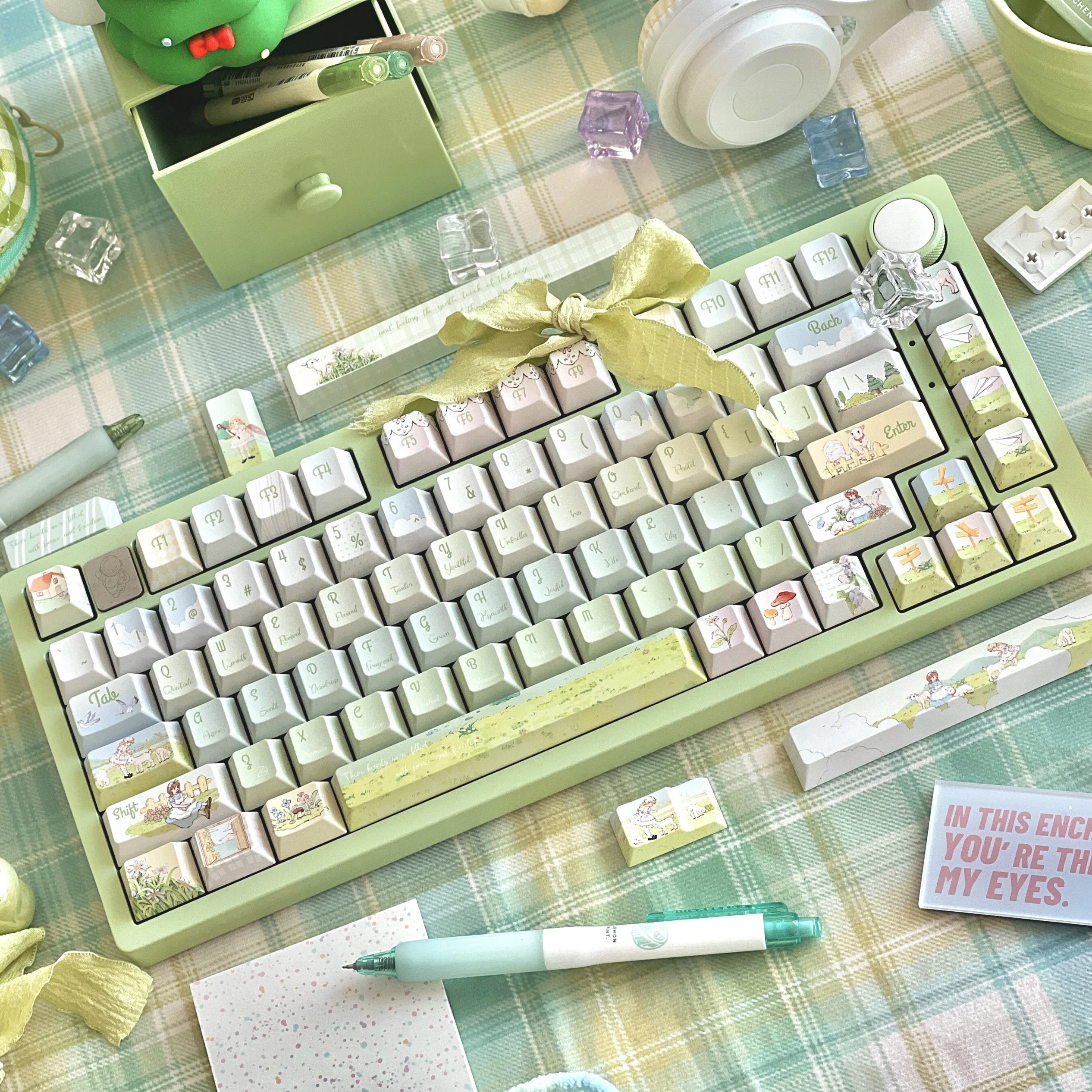 Teclas de campo de primavera de cuento de hadas, perfil de cereza, sublimación PBT, estilo rústico verde claro, teclas personalizadas para teclado mecánico - imagen 4
