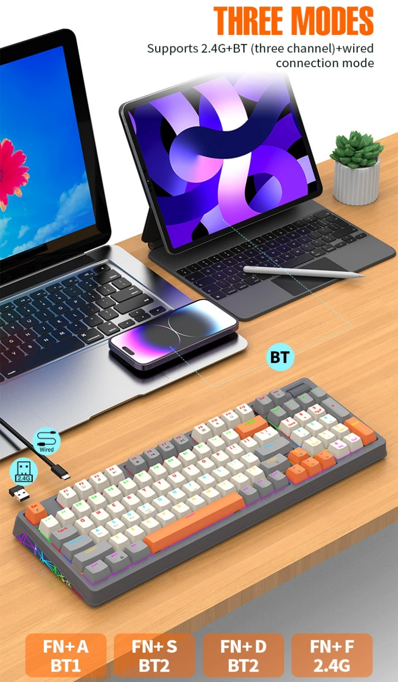 Teclado mecánico español con Ñ Teclado inalámbrico Intercambio en caliente 100 teclas Diseño 100% Español Ruso Coreano Árabe Bluetooth Conexión RGB Luz teclado inalambrico mecanico español con la Ñ K6 - imagen 3