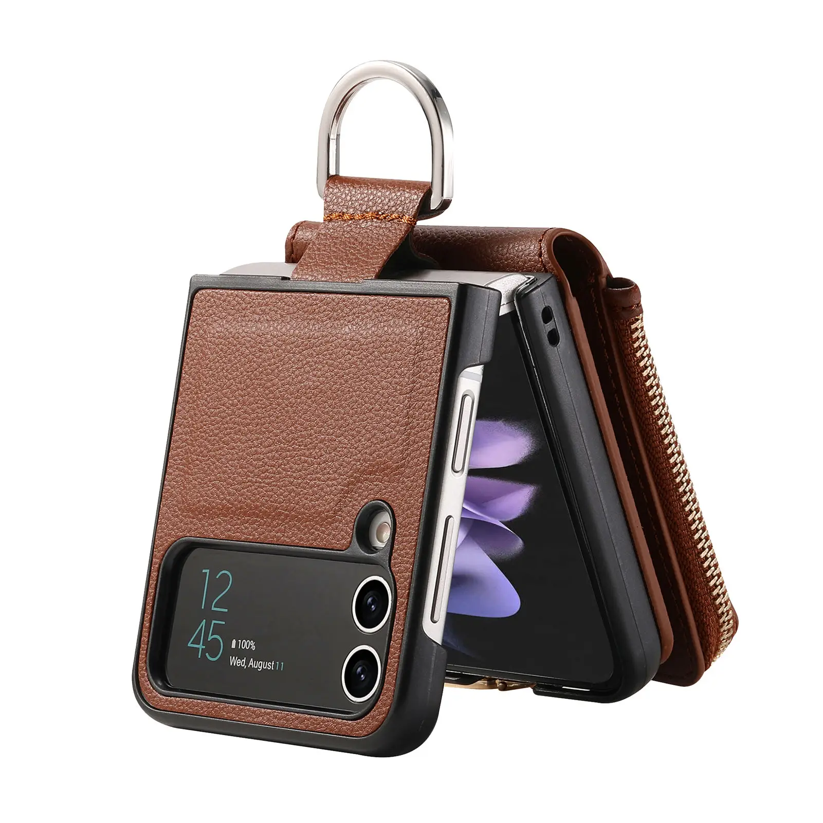 Funda de cuero con cremallera Vertical para Samsung Z Flip 5, 4, 3, 5G, soporte a prueba de golpes, monedero, anillo, soporte, funda de bolsillo - imagen 3