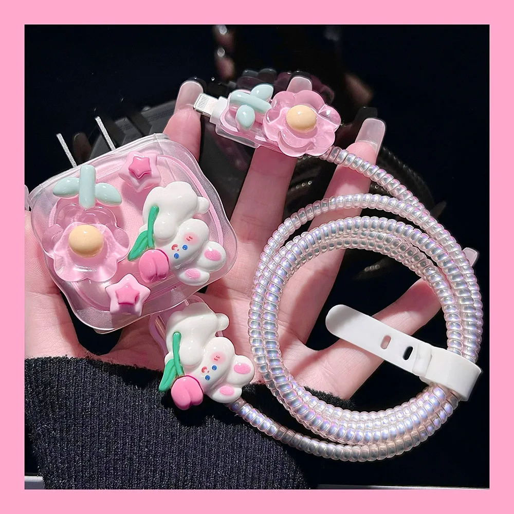 Bonita funda protectora suave de conejo para iPhone, cubiertas de cargador rápido PD, 20w, 18W, Protector de Cable para iPhone 13, 15, 11, 14, 12 Pro Max