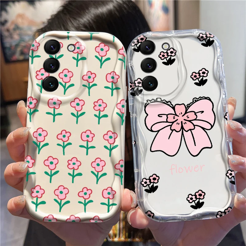 Nudo de mariposa de dibujos animados de flores para Samsung S24, S23, S21, S20 Ultra Plus FE, A73, A72, A71, A51, A31, A05S, A05, A04, cubierta de aceite de onda 5G