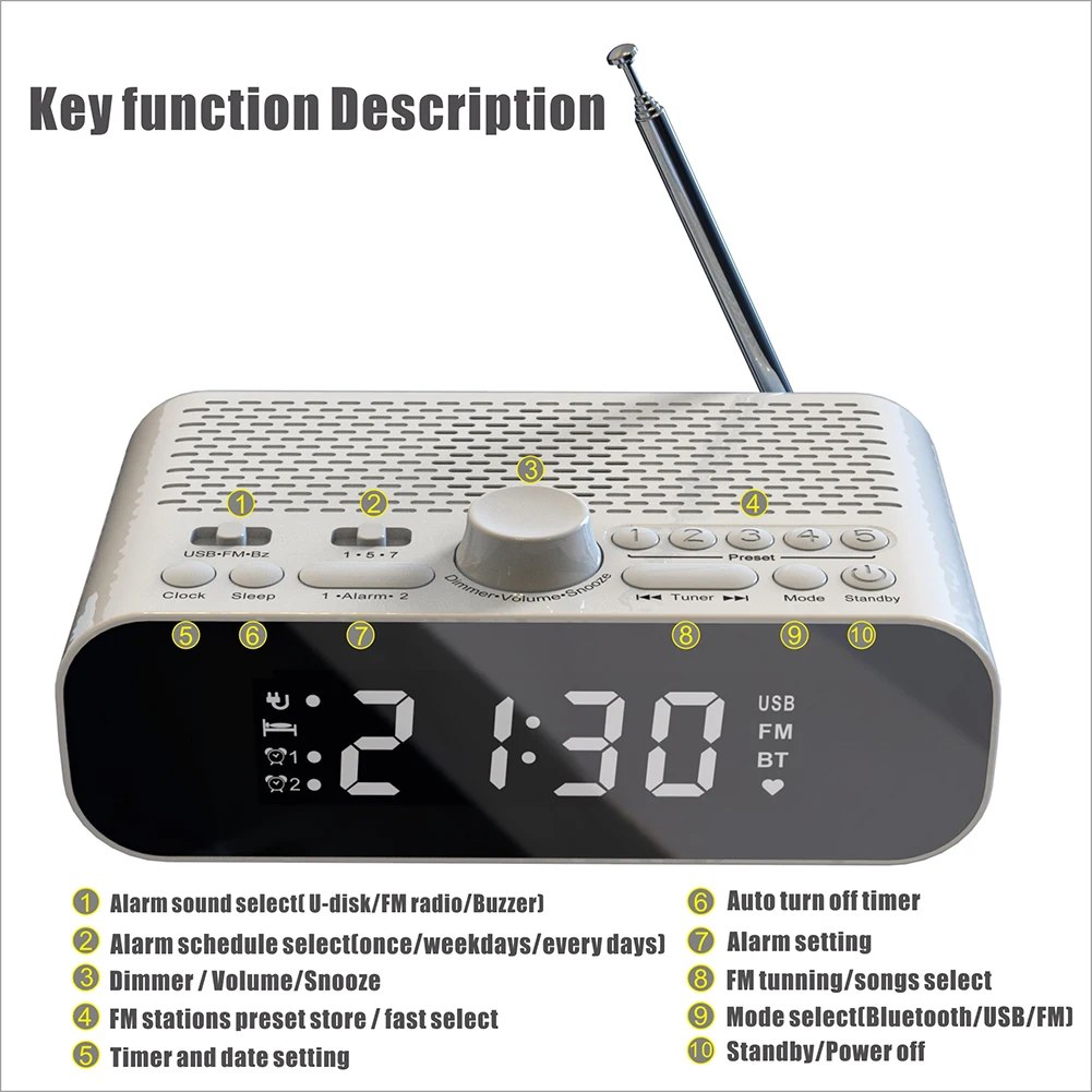 Radio despertador digital Radio digital recargable con temporizador de apagado automático Radio de reloj para dormitorio - imagen 5