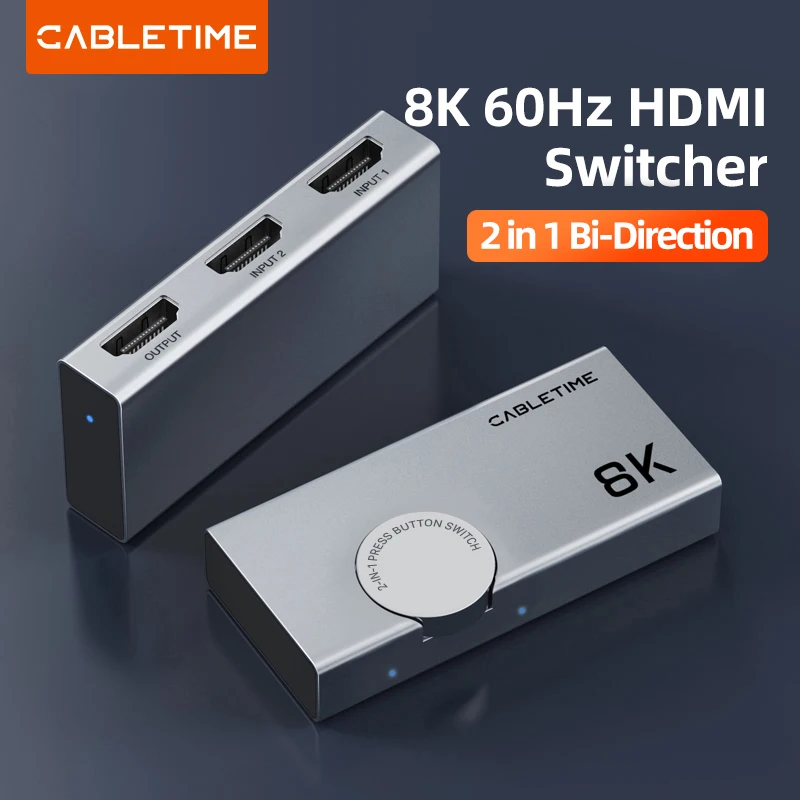 CABLETIME HDMI Splitter 8K 60Hz 4K 120Hz 2 en 1 Conmutador Visión 3D Adaptador de diseño de perilla de aluminio para computadora portátil Macbook Lenovo C457