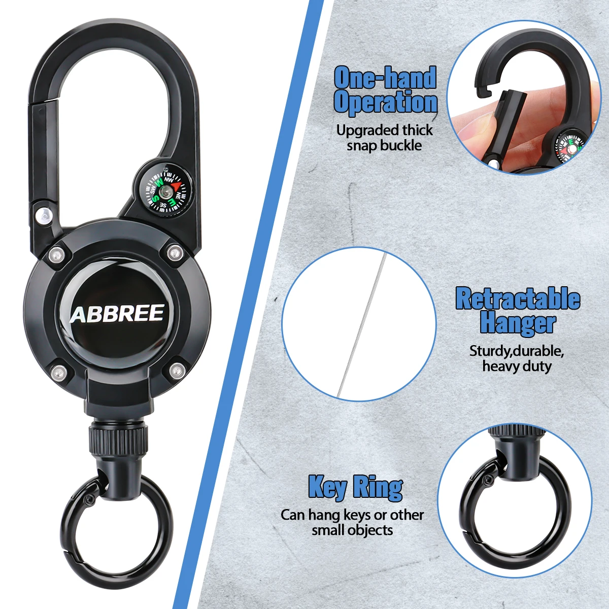 ABBREE, mosquetón retráctil de alta resistencia, llaveros, hebilla de cuerda de alambre de acero fuerte, colgador de micrófono para exteriores, escalada - imagen 4