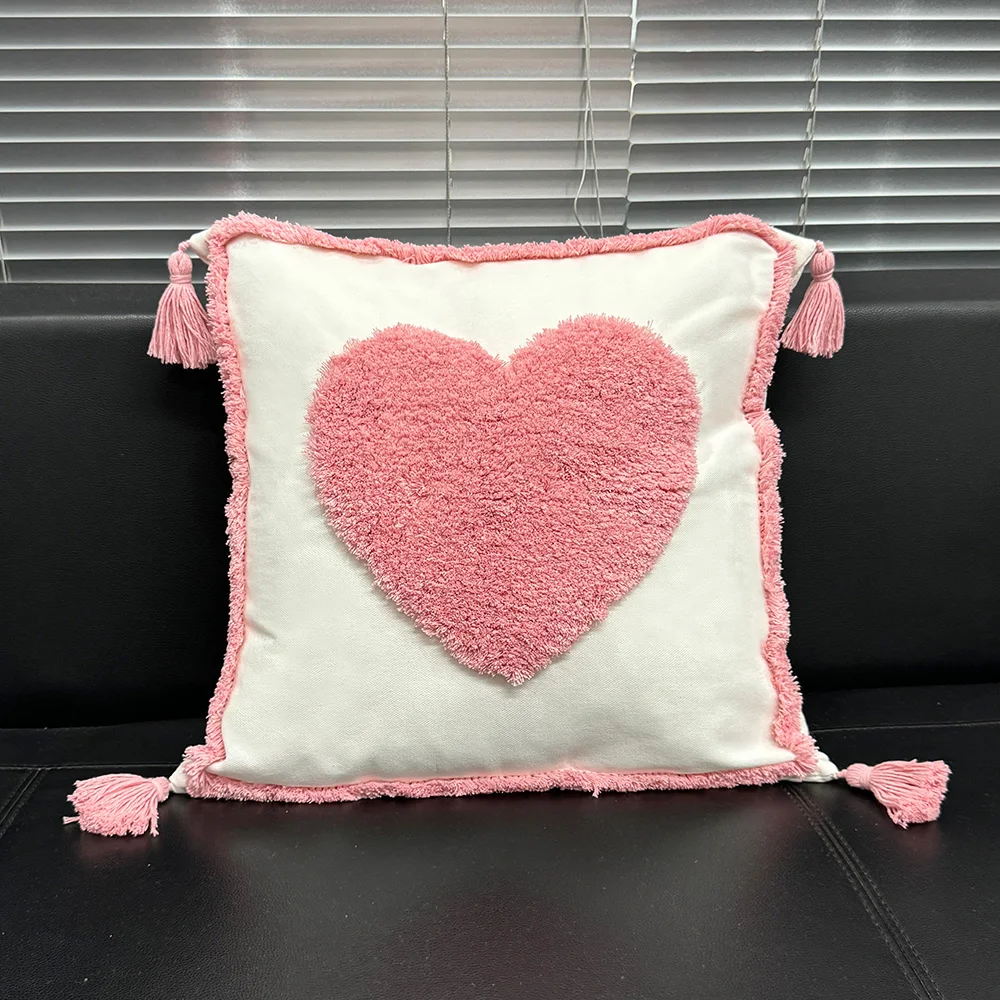 Funda de almohada de lona con mechones para el hogar, sofá, sala de estar, dormitorio, patrón de corazón rosa para el día de San Valentín romántico, aniversario de pareja - imagen 4