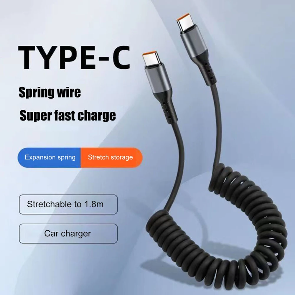 Cable de cargador rápido telescópico de resorte USB tipo C de 100/66W, Cable de datos corto de resorte 6A, cargador de teléfono para coche, Cable USB para iPhone 16 15 - imagen 4