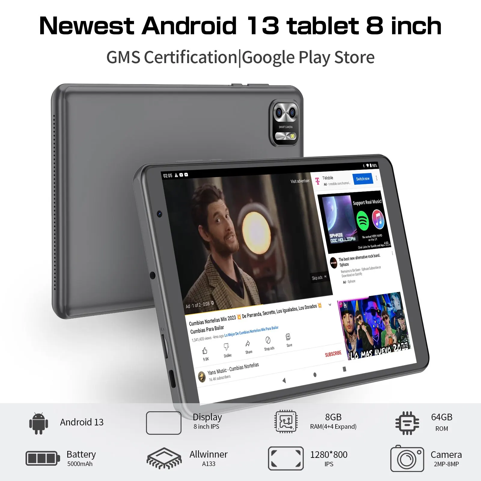 PRITOM-Tableta Android 13 de 8 pulgadas, 8GB RAM, 64GB ROM,1TB de expansión, pantalla IPS de 1280x800, batería de 5000MAH, cámara Dual, WiFi - imagen 4
