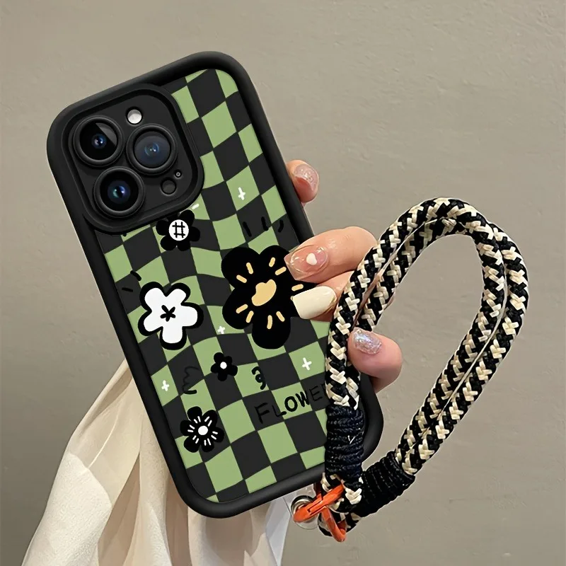 Funda de teléfono con correa colgante con estampado de rejilla de flores para iPhone 11 12 13 14 15 16 17 Pro Max 17 Air X XS XR 7 8 15 Plus 16E - imagen 5