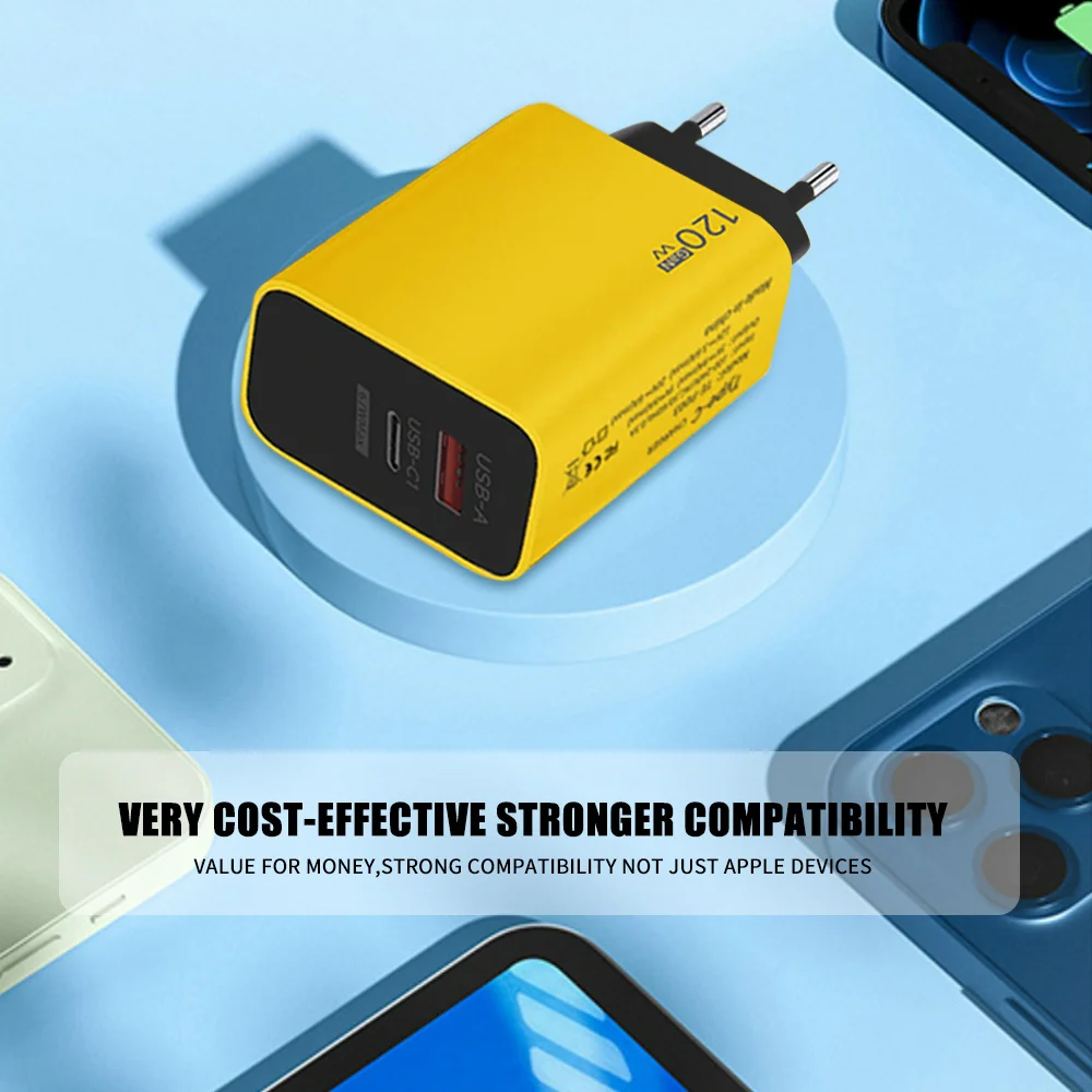 Cargador de carga rápida tipo C GaN de 120W, adaptador de cargador de 2 puertos para iPhone16 Pro Max, Samsung, Huawei, Xiaomi, cargador rápido con enchufe UE/EE. UU. - imagen 5