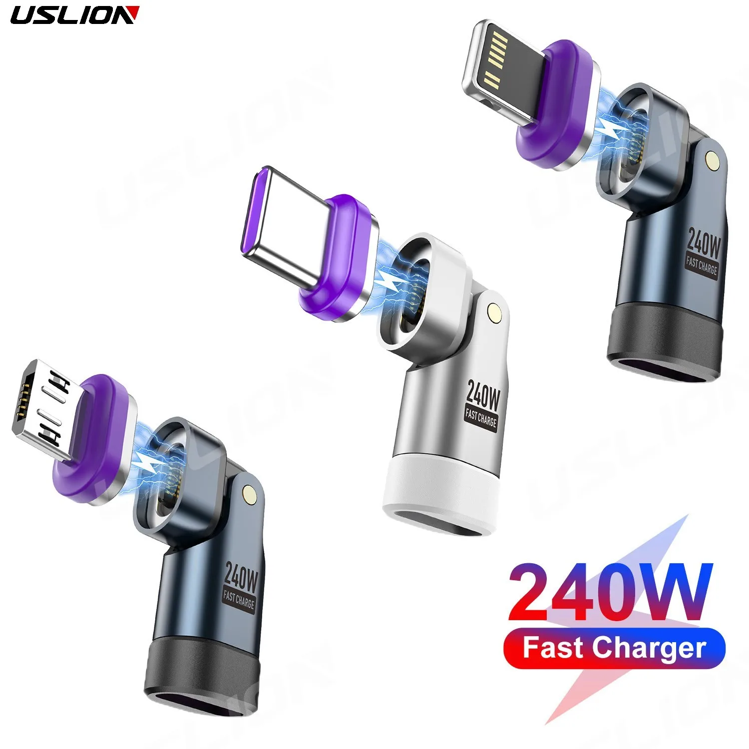 USLION PD240W Convertidor Magnético 180 ° Datos giratorios del adaptador de carga USB C a USB C Micro USB ios para iphone 15/16 Samsung Xiaomi