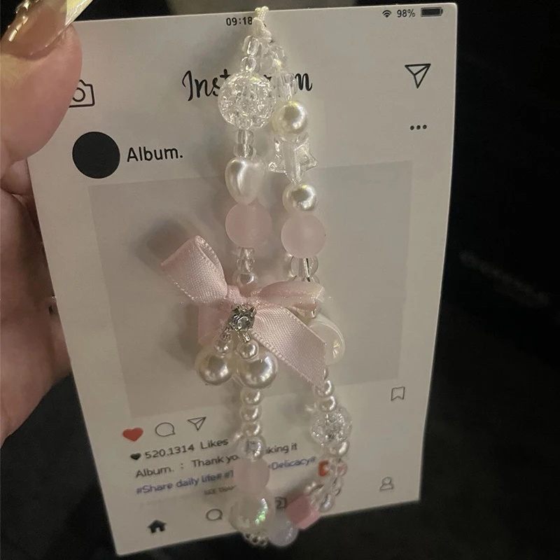 Coreano encantador lazo rosa blanco con cuentas cadena de teléfono cordón para iPhone Samsung accesorios universales colgante de joyería - imagen 3