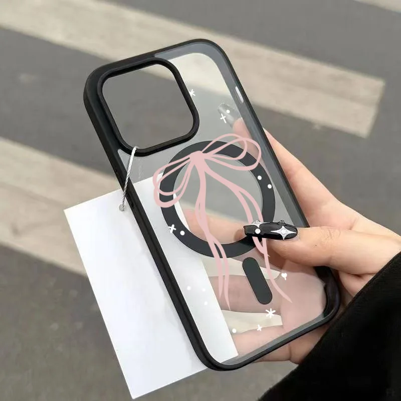 Funda de teléfono de silicona magnética transparente con cinta de lazo rosa para iPhone 17 Pro, fundas para iPhone 16 15 14 13 12 11 Pro Max Plus Air Cover - imagen 3