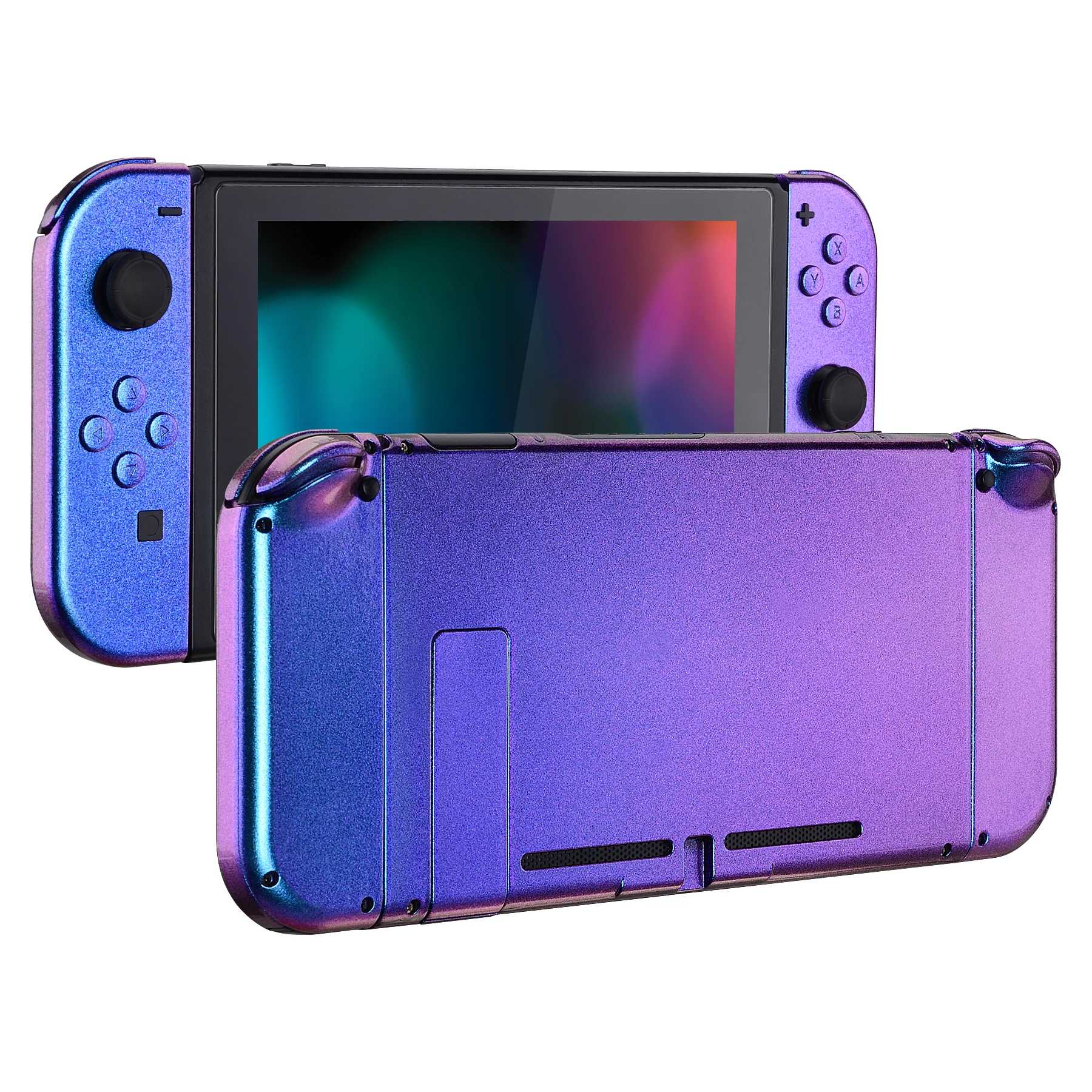 Placa trasera de consola eXtremeRate, carcasa y botones de controlador para Nintendo Switch - Camaleón Púrpura Azul