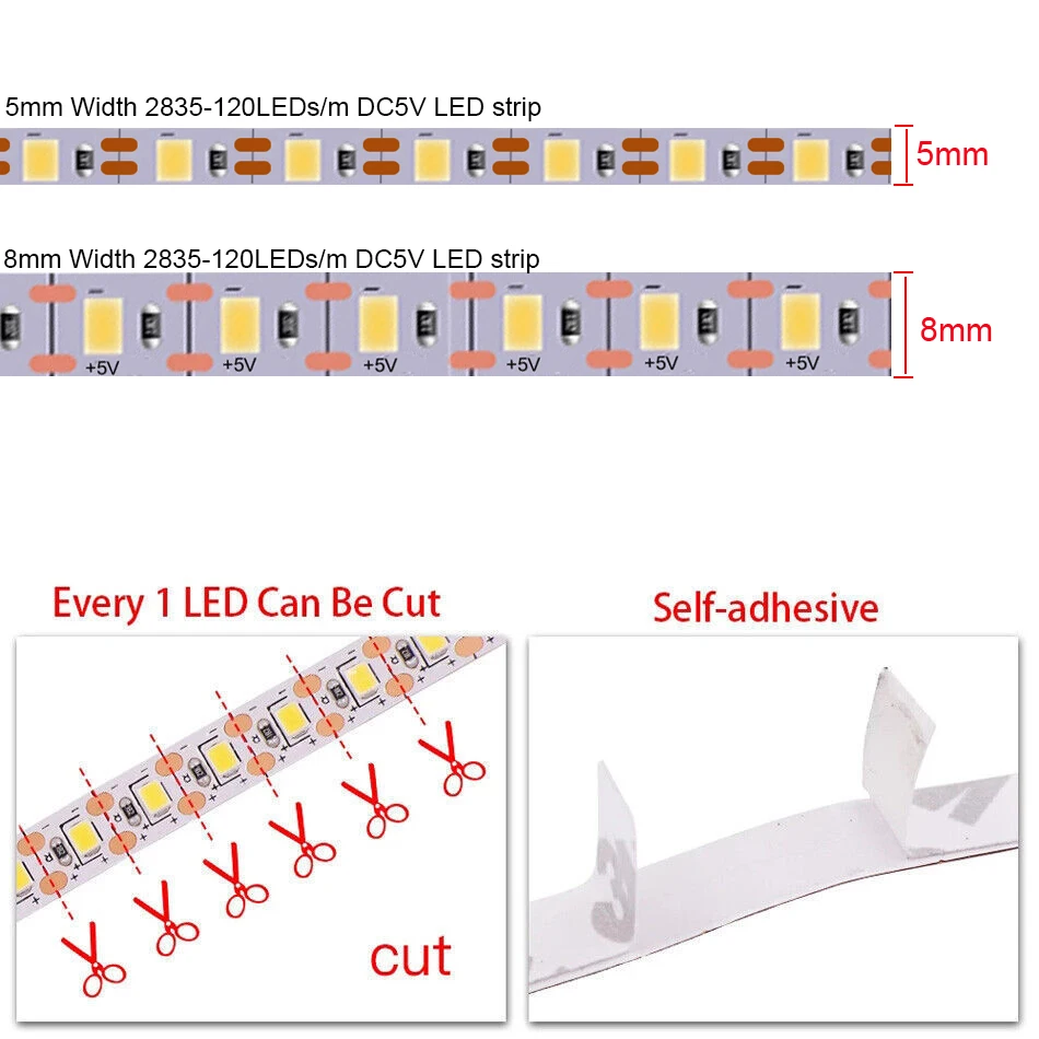 Tira de luces LED DC5V 2835 120LED/m, cinta de diodo de corte 1LED, luces superbrillantes, blanco cálido, Natraul, 5m/1 rollo, decoración del hogar - imagen 3