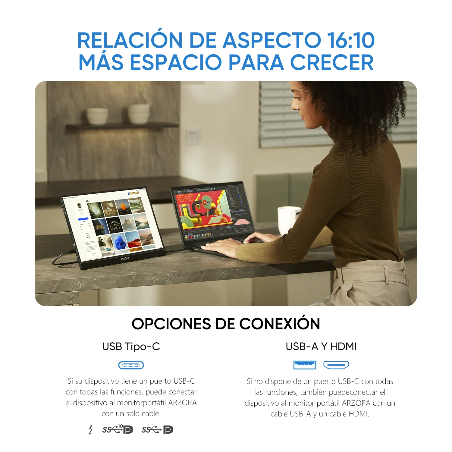 ARZOPA-Monitor portátil 2K de 16 pulgadas, pantalla IPS 16:10 con mini hdmi tipo c, segunda pantalla para MAC/portátil/PC/Xbox/PS4/5/Switch, Z1RC - imagen 5