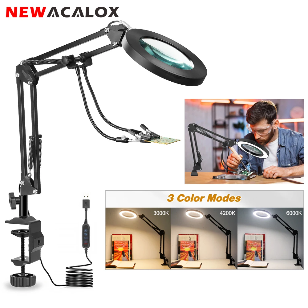 NEWACALOX-lupa 5X con luz, 2 brazos flexibles, soldadura, abrazadera de banco de tercera mano, lámpara de reparación de soldadura para trabajo cercano