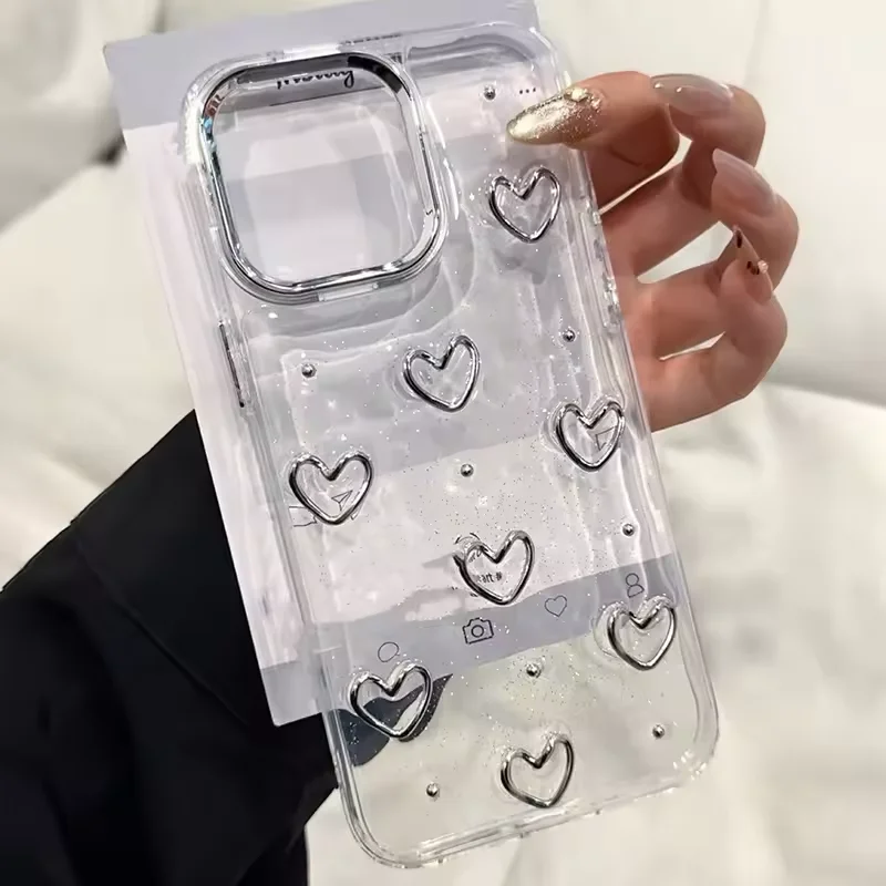 Funda de teléfono con purpurina coreana 3D ahuecada con corazón de amor para iPhone 17 16 15 14 13 12 11 Pro Max 17Air X XR XS 7 8 Plus cubierta transparente